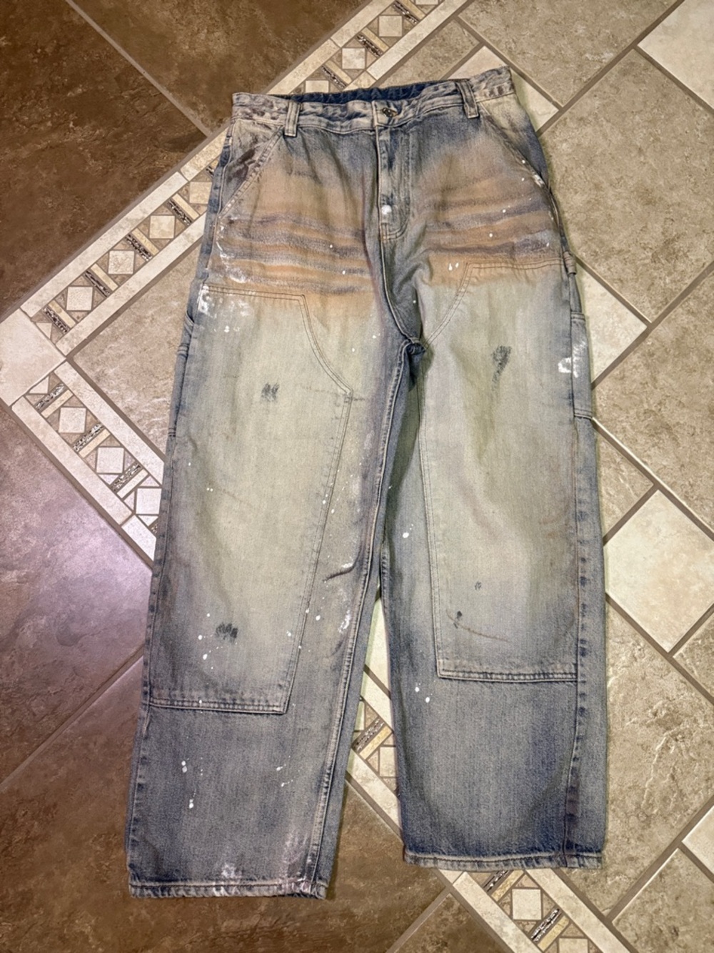 Pull & Bear Distressed Paint-Splatter Carpenter Jeans - Washed Blue
